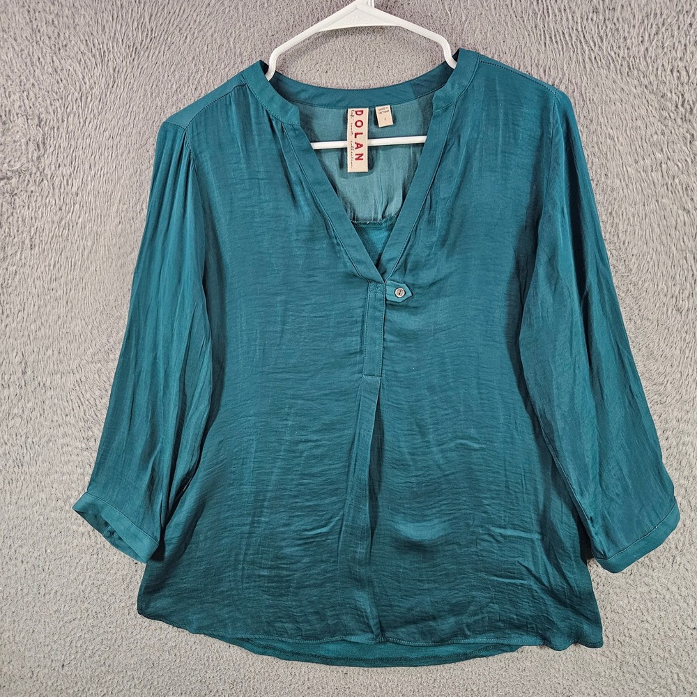 Dolan Left Coast Collection Teal Green Mixed Media V-Neck 3/4 Sleeve Blouse‎ S